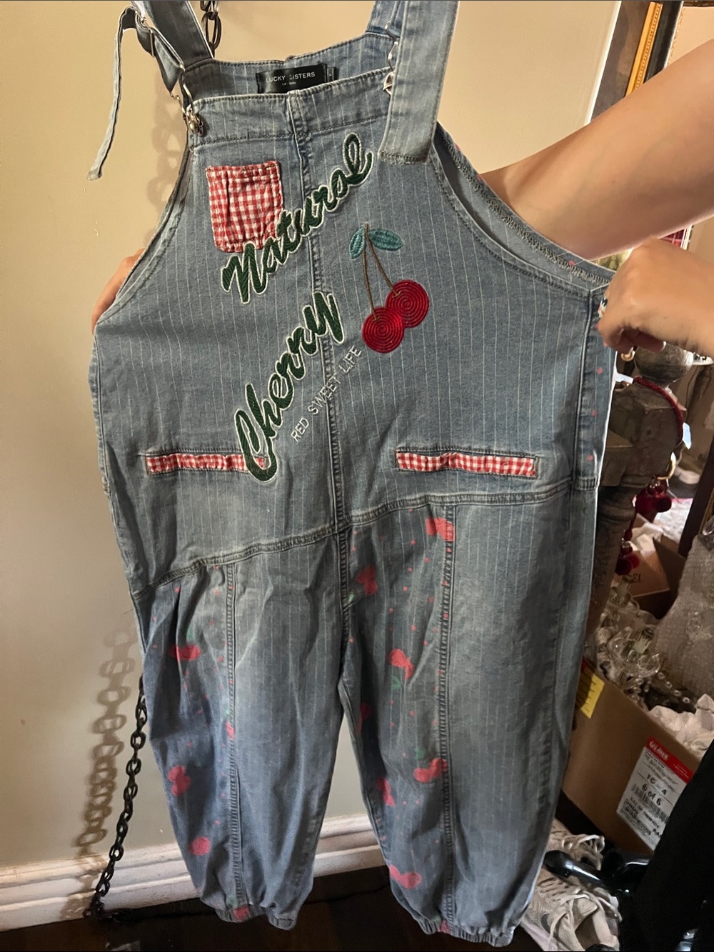 Women's Denim Overalls with Pink Cherry Print